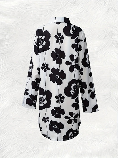 Casual Long Sleeve Shirt Dress with Floral Print Pattern Women Summer Fall Fashion Loose Fit Button Down Midi Dress Trendy