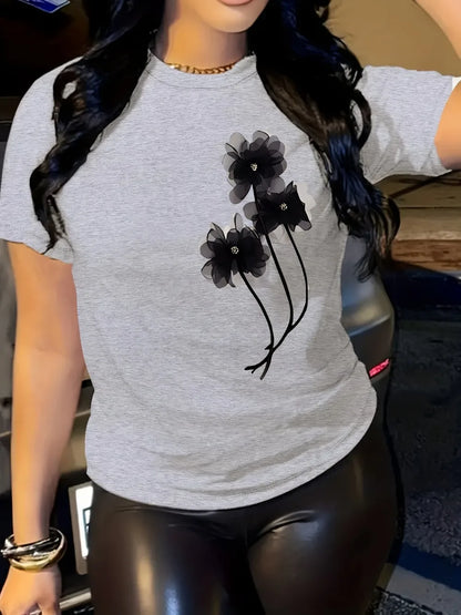 Women's Casual T-Shirt - Black Floral Print Short Sleeve Crew Neck Top Lightweight Breathable Fabric Ladies T Shirts