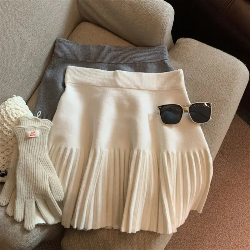 Pleated Mini Skirts Korean Sweet Knitted Skirts Sweet Elastic Waist Ladies Casual Youthful For Women's Clothes Solid Fashion New