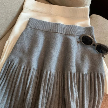 Pleated Mini Skirts Korean Sweet Knitted Skirts Sweet Elastic Waist Ladies Casual Youthful For Women's Clothes Solid Fashion New