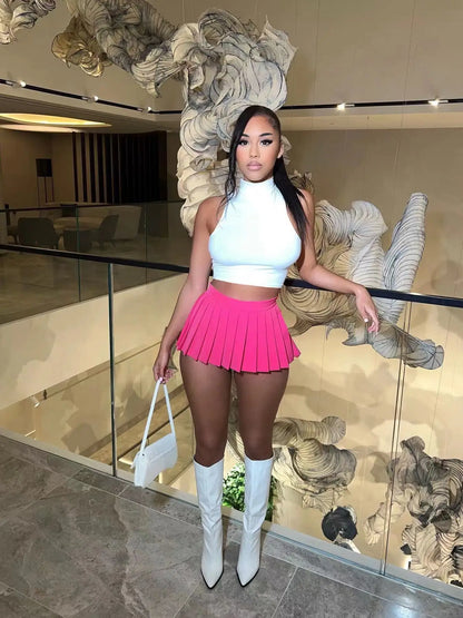 Sexy Mini Skirt Solid Color Girl Pleated Skirt Elegant Versatile Female Skirt  A-Line UltraShort Skirt New Summer Streetwear