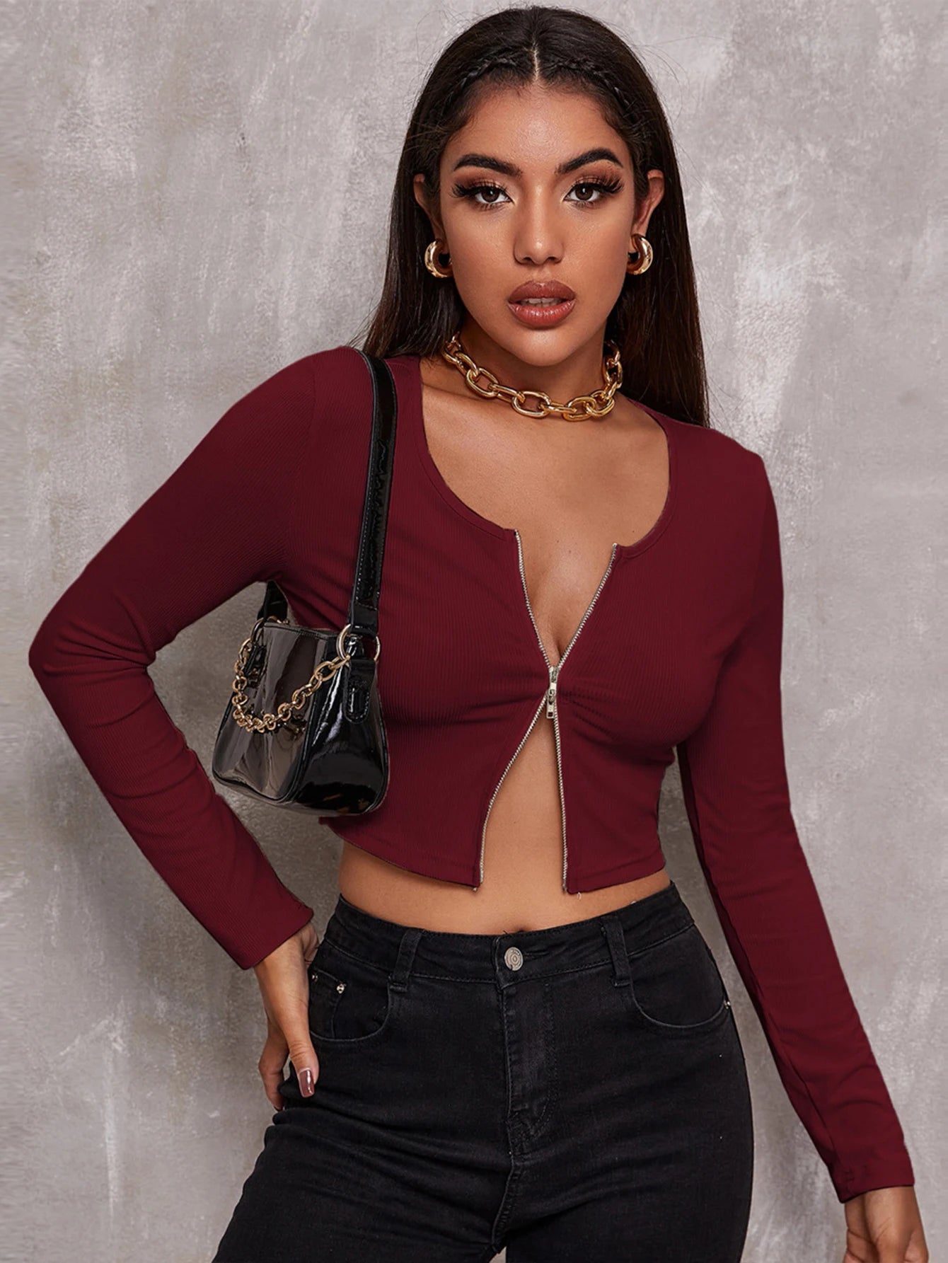 Women Ribbed Knitted Crop Top Sexy Double Zipper Long Sleeve T Shirts Fashion Slim Tees Casual Streetwear Top