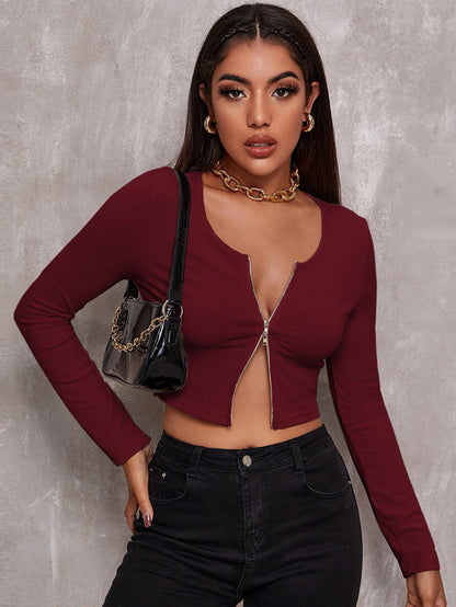 Women Ribbed Knitted Crop Top Sexy Double Zipper Long Sleeve T Shirts Fashion Slim Tees Casual Streetwear Top