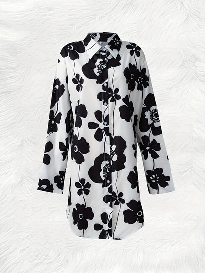 Casual Long Sleeve Shirt Dress with Floral Print Pattern Women Summer Fall Fashion Loose Fit Button Down Midi Dress Trendy