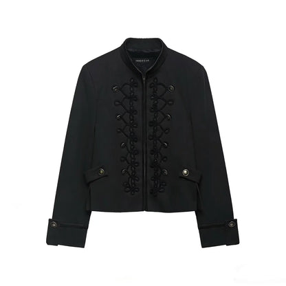 Women's Blazer with Shoulder Pads Spring High Neck Long Sleeve Button Zipper Women Oversize Coat Female Chic Tops