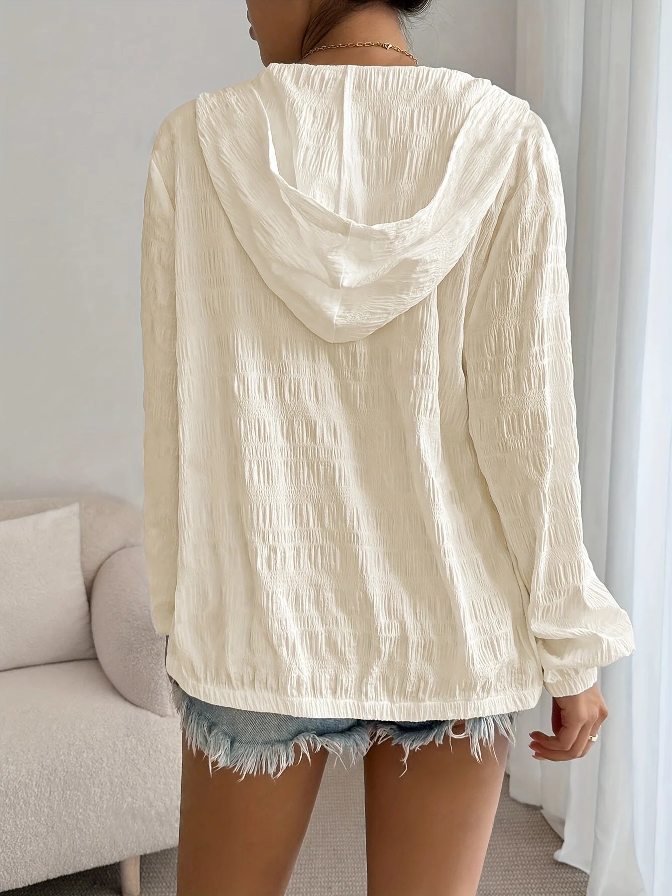 Casual Apricot Textured Hoodie for Women - Lightweight Zip Up Summer Jacket, Perfect for Daily and Beach Wear