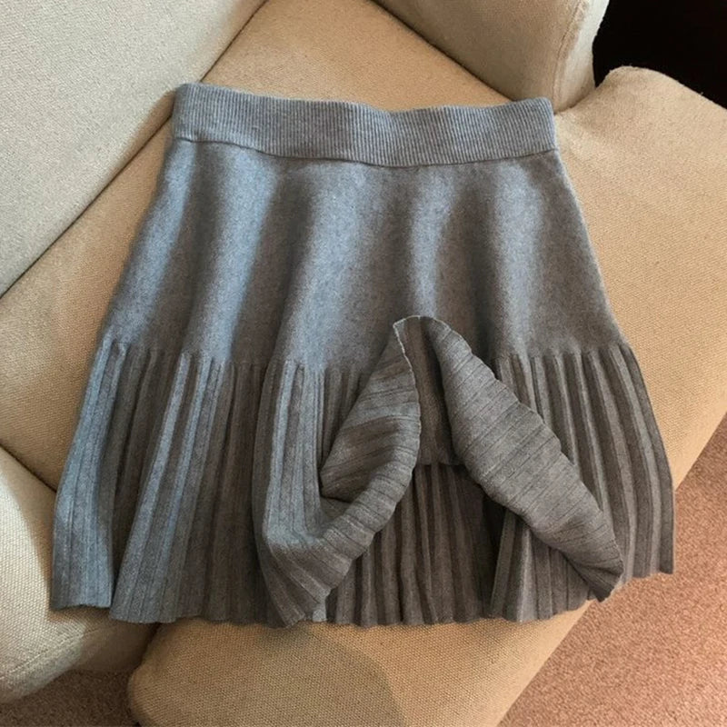 Pleated Mini Skirts Korean Sweet Knitted Skirts Sweet Elastic Waist Ladies Casual Youthful For Women's Clothes Solid Fashion New