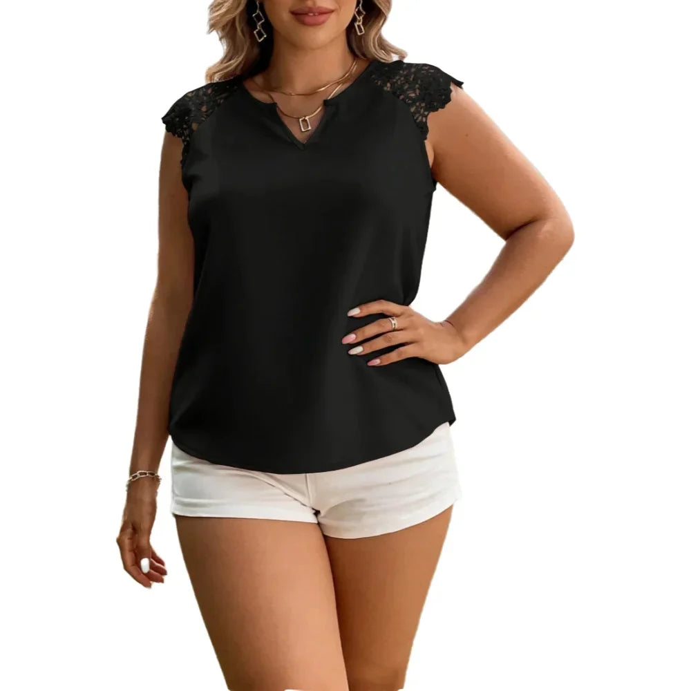 Plus Size Women's Tank Top Sleeveless Lace Trim V Neck Solid Loose Tops Casual Blouse Spring Summer Chic Tank Top Daily Soft Top