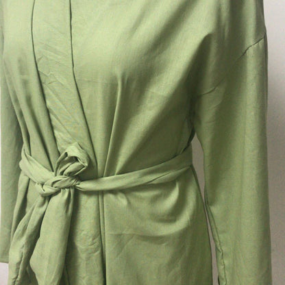 Long Sleeve V Neck Mini Dress Lace Up V Neck Belt Robe Style Short Shirt Dress Comfy Soft Chic Loose Hem Cardigan Dress