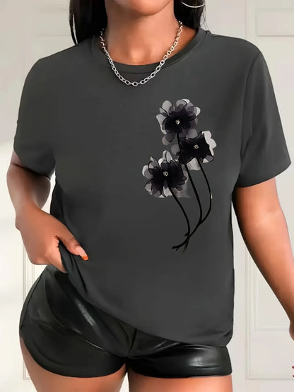 Women's Casual T-Shirt - Black Floral Print Short Sleeve Crew Neck Top Lightweight Breathable Fabric Ladies T Shirts