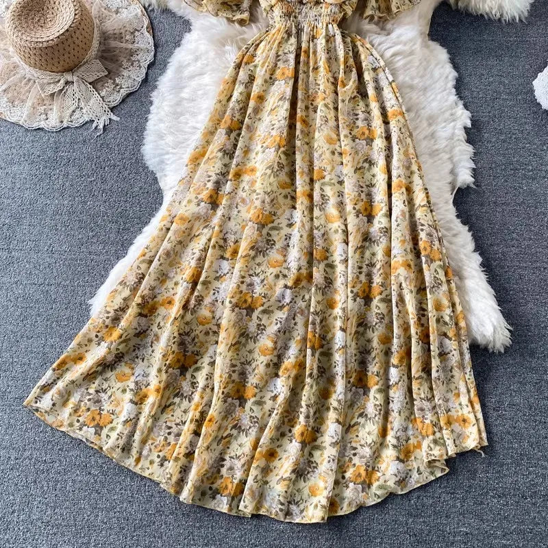 Boho Floral Print Chiffon Maxi Dress Women Sexy V Neck Short Sleeve Long Beach Dress Summer Holiday Sundress Vestidos