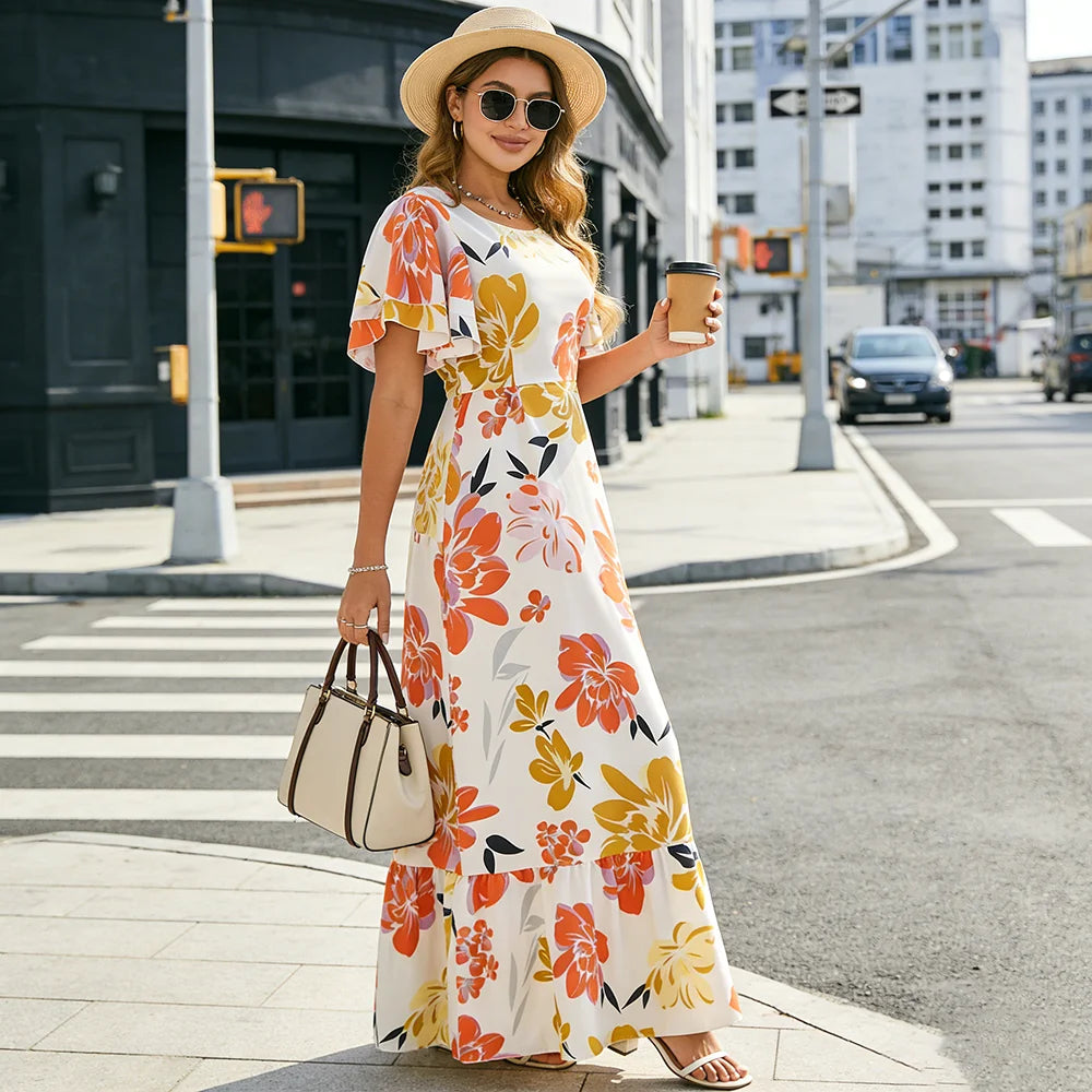 Women's   Floral Print Ruffle Sleeve Maxi Dress Summer Casual Round Neck Waist Dress