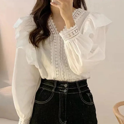 V-neck Ruffles Puff Sleeve Women Blouse Long Sleeve Tops Long Sleeve White Shirts Fashion Casual Office Lady Elegant Clothing