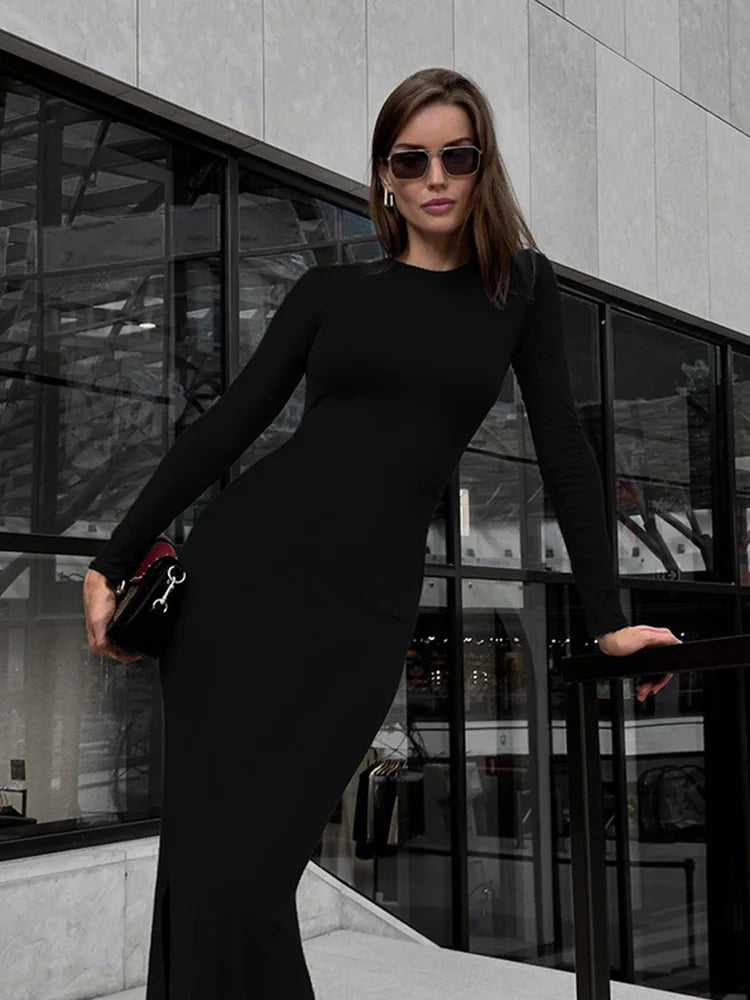 Party Dresses For Women Fashion Sexy Solid Full Sleeves O-Neck Split Bodycon Sheath Long Vestidos Robes Female Elegant Regular