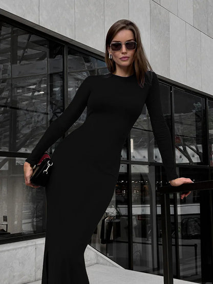 Party Dresses For Women Fashion Sexy Solid Full Sleeves O-Neck Split Bodycon Sheath Long Vestidos Robes Female Elegant Regular