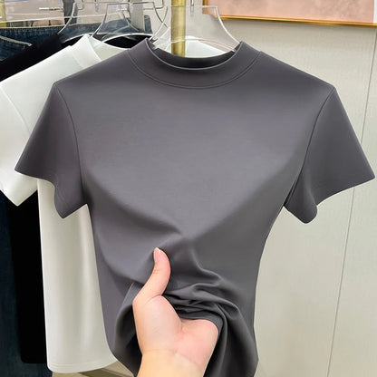 Casual Short Sleeve Women T-shirts Summer New Solid Color Slim Fit Elegant Basic Tees Top Shirts Half High Neck Simple Tshirt