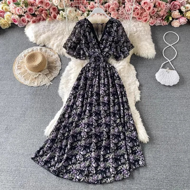 Boho Floral Print Chiffon Maxi Dress Women Sexy V Neck Short Sleeve Long Beach Dress Summer Holiday Sundress Vestidos