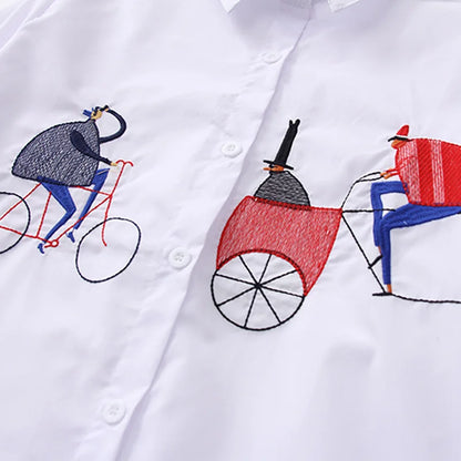 2024 New White Shirt Casual Button Up Turn Down Collar Female Blouse Long Sleeve Cotton Blouse Embroidery Blouse Lady 5083 50