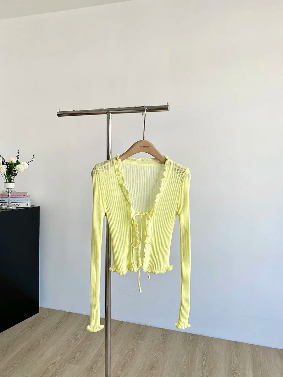 Ribbed Knit Cardigan with Tie Front Ruffled Trim Crop Tops Lightweight Sheer Fitted Cardigan for Women Teen-girl Y2K Outfit