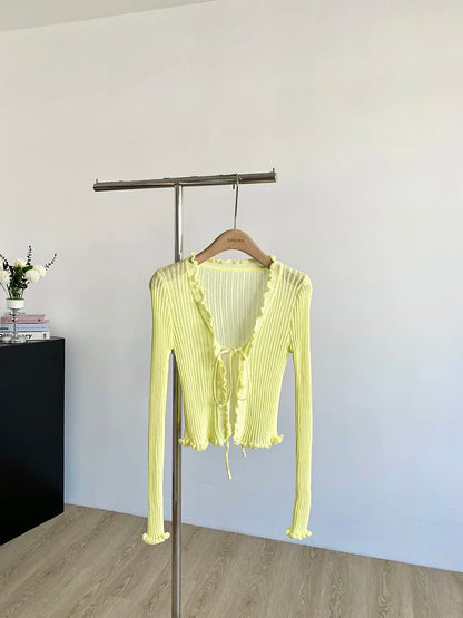 Ribbed Knit Cardigan with Tie Front Ruffled Trim Crop Tops Lightweight Sheer Fitted Cardigan for Women Teen-girl Y2K Outfit