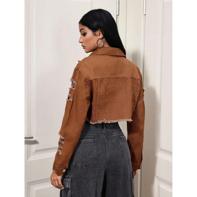 Women's  New Non-Stretch Denim Jacket Distressed Ripped Cropped Fringe Hem Casual Vintage Y2K Streetwear Button Down Coat