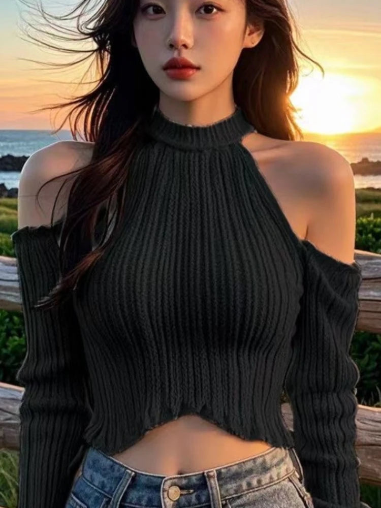 2026 Solid Elegant Off Shoulder Ribbed Crop Tops Autumn Fashion Casual Skinny Long Sleeve Camis Gentle Y2K Tight T-shirts