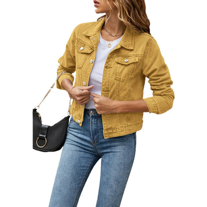 Women's Denim Jackets Fashion Female Casual Long Sleeve Lapel Solid Button Down Chest Pocket Slim Jean Jacket Fall Winter Coat