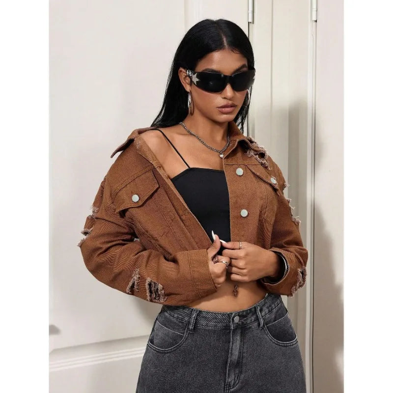 Women's  New Non-Stretch Denim Jacket Distressed Ripped Cropped Fringe Hem Casual Vintage Y2K Streetwear Button Down Coat