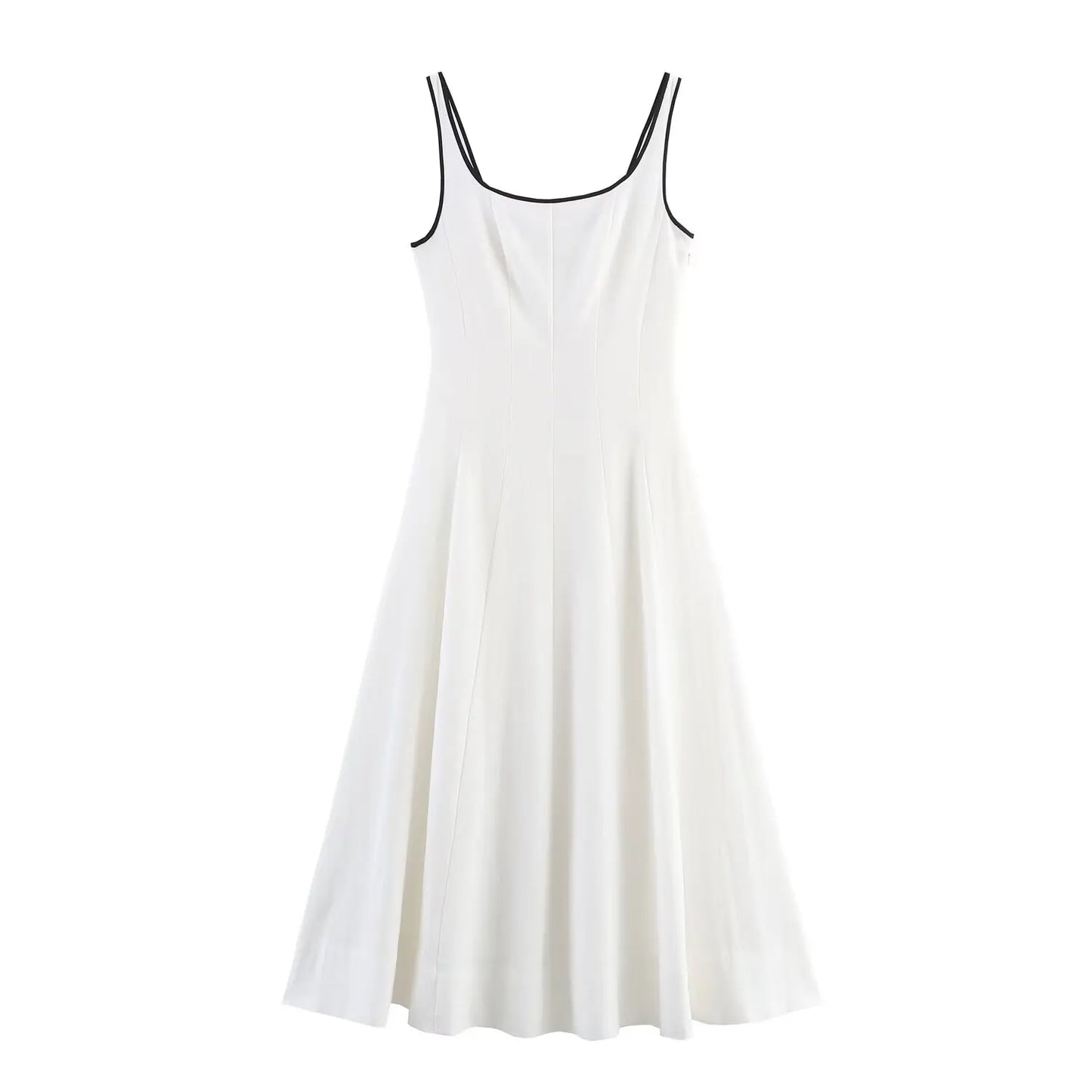 Women Midi Dress Female Casual Suspender Dress Color Contrasting Edge 2025 Summer Ladies Slim Square Collar Elegant Long Dresses