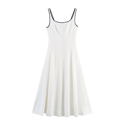 Women Midi Dress Female Casual Suspender Dress Color Contrasting Edge 2025 Summer Ladies Slim Square Collar Elegant Long Dresses