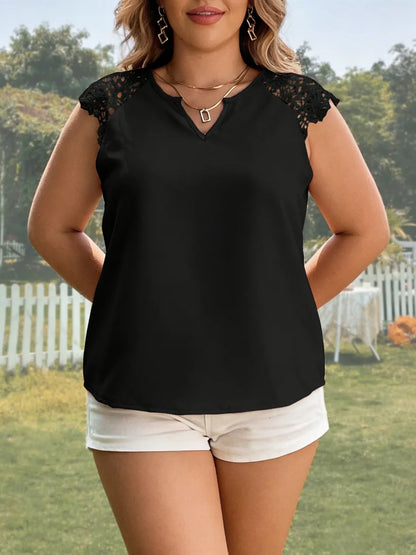Plus Size Women's Tank Top Sleeveless Lace Trim V Neck Solid Loose Tops Casual Blouse Spring Summer Chic Tank Top Daily Soft Top