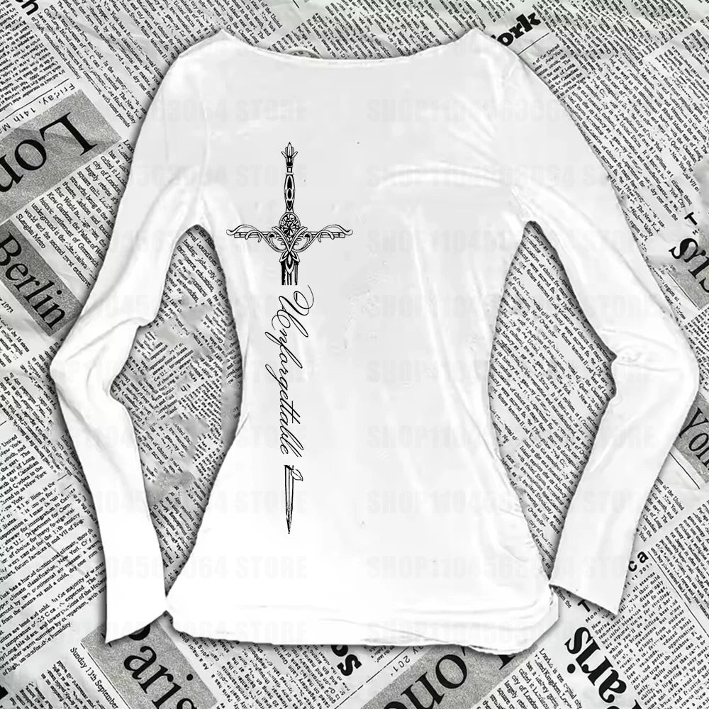 Vintage T-shirt Graphic Print O Neck Long Sleeve Tee Women's Slim Fit Crop Tops Girl Emo Streetwear 2000s Y2K Grunge tops