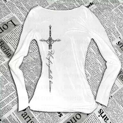 Vintage T-shirt Graphic Print O Neck Long Sleeve Tee Women's Slim Fit Crop Tops Girl Emo Streetwear 2000s Y2K Grunge tops