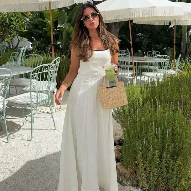 Women Midi Dress Female Casual Suspender Dress Color Contrasting Edge 2025 Summer Ladies Slim Square Collar Elegant Long Dresses
