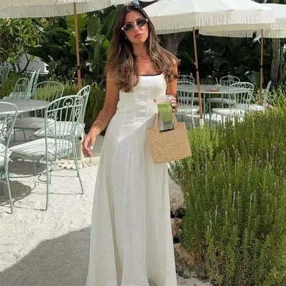 Women Midi Dress Female Casual Suspender Dress Color Contrasting Edge 2025 Summer Ladies Slim Square Collar Elegant Long Dresses