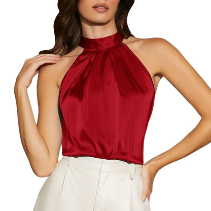 Elegant Satin Halter Neck Tank Tops Women's Sleeveless Solid Color T Shirt Basic Crop Tops Fashion Image Ladies Clothing Camisas