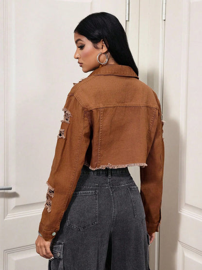 Women's  New Non-Stretch Denim Jacket Distressed Ripped Cropped Fringe Hem Casual Vintage Y2K Streetwear Button Down Coat