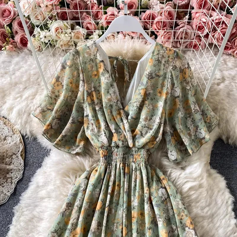 Boho Floral Print Chiffon Maxi Dress Women Sexy V Neck Short Sleeve Long Beach Dress Summer Holiday Sundress Vestidos