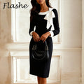 Elegant Bodycon Dress Women Spring Autumn O Neck Bow Design Long Sleeve Party Dresses For Women Fashion Midi Dress Black White