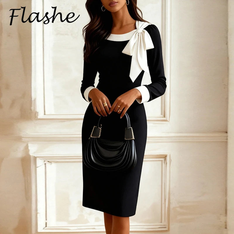 Elegant Bodycon Dress Women Spring Autumn O Neck Bow Design Long Sleeve Party Dresses For Women Fashion Midi Dress Black White