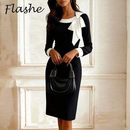 Elegant Bodycon Dress Women Spring Autumn O Neck Bow Design Long Sleeve Party Dresses For Women Fashion Midi Dress Black White