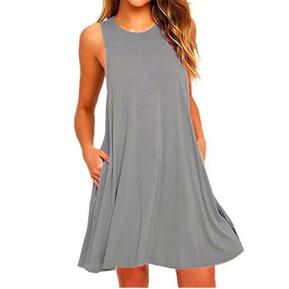 Women's Dress Summer Casual T Shirt Dresses Beach Cover up Plain Pleated Tank Pockets Dress
