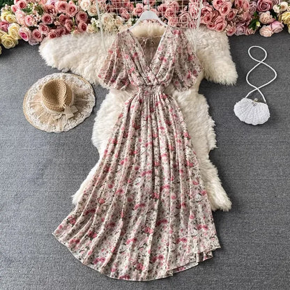 Boho Floral Print Chiffon Maxi Dress Women Sexy V Neck Short Sleeve Long Beach Dress Summer Holiday Sundress Vestidos