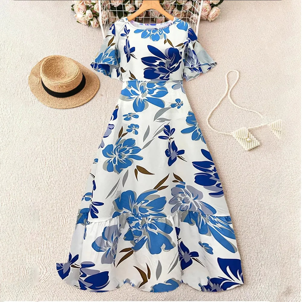 Women's   Floral Print Ruffle Sleeve Maxi Dress Summer Casual Round Neck Waist Dress