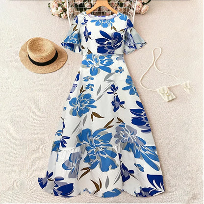 Women's   Floral Print Ruffle Sleeve Maxi Dress Summer Casual Round Neck Waist Dress