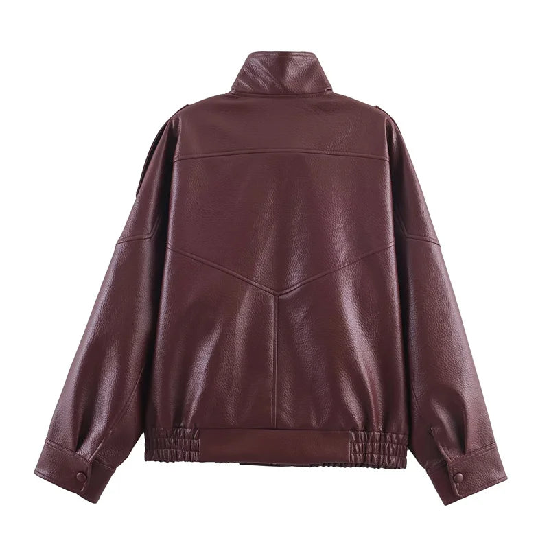 Women's Jacket Fall 2025 New Black Long Sleeve Pebble Faux Leather Jacket Motorcycle Style Personality Fashion