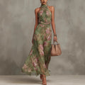 Green Floral Print Maxi Dress Sexy Elegant Halter Sleeveless Hollow Dress Ladies Summer New High Waist Boho Evening Party Dress