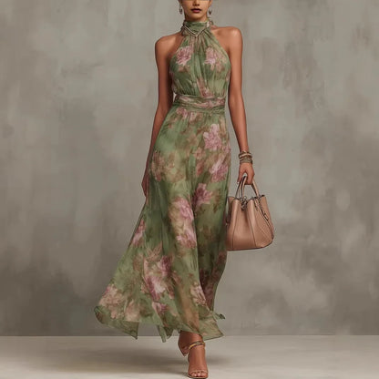 Green Floral Print Maxi Dress Sexy Elegant Halter Sleeveless Hollow Dress Ladies Summer New High Waist Boho Evening Party Dress