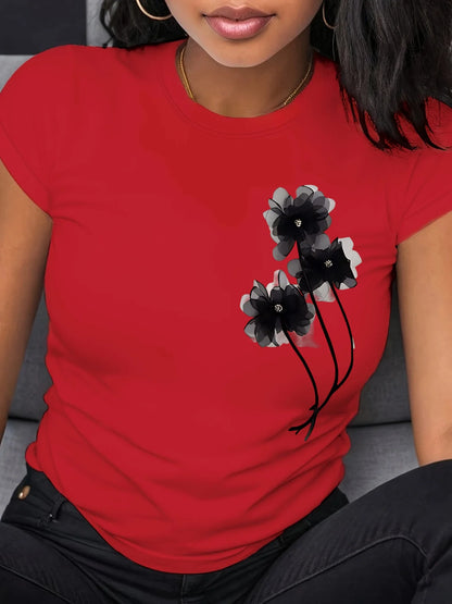 Women's Casual T-Shirt - Black Floral Print Short Sleeve Crew Neck Top Lightweight Breathable Fabric Ladies T Shirts
