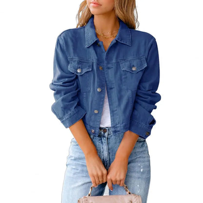 Women's Cropped Denim Jackets Vintage Retro Green Lapel Button Down Jackets With Pockets Slim Fit Autumn Casual Coats